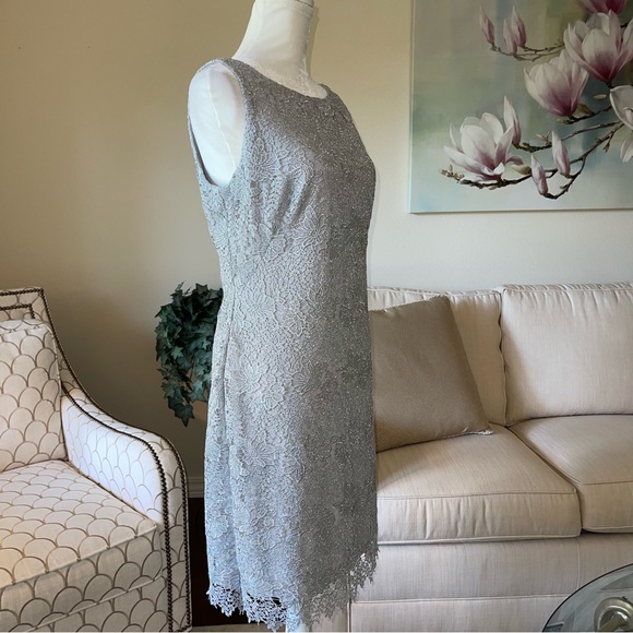 Lauren Ralph Lauren Metallic Silver Gray Lace Sheath Dress - Picture 2 of 16